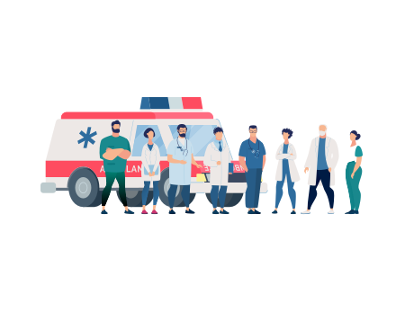 healthcare workers standing in front of an ambulance